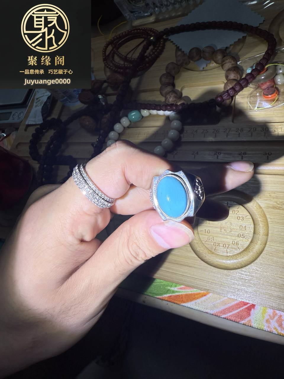 精品原矿绿松石精品纯银男戒一枚
