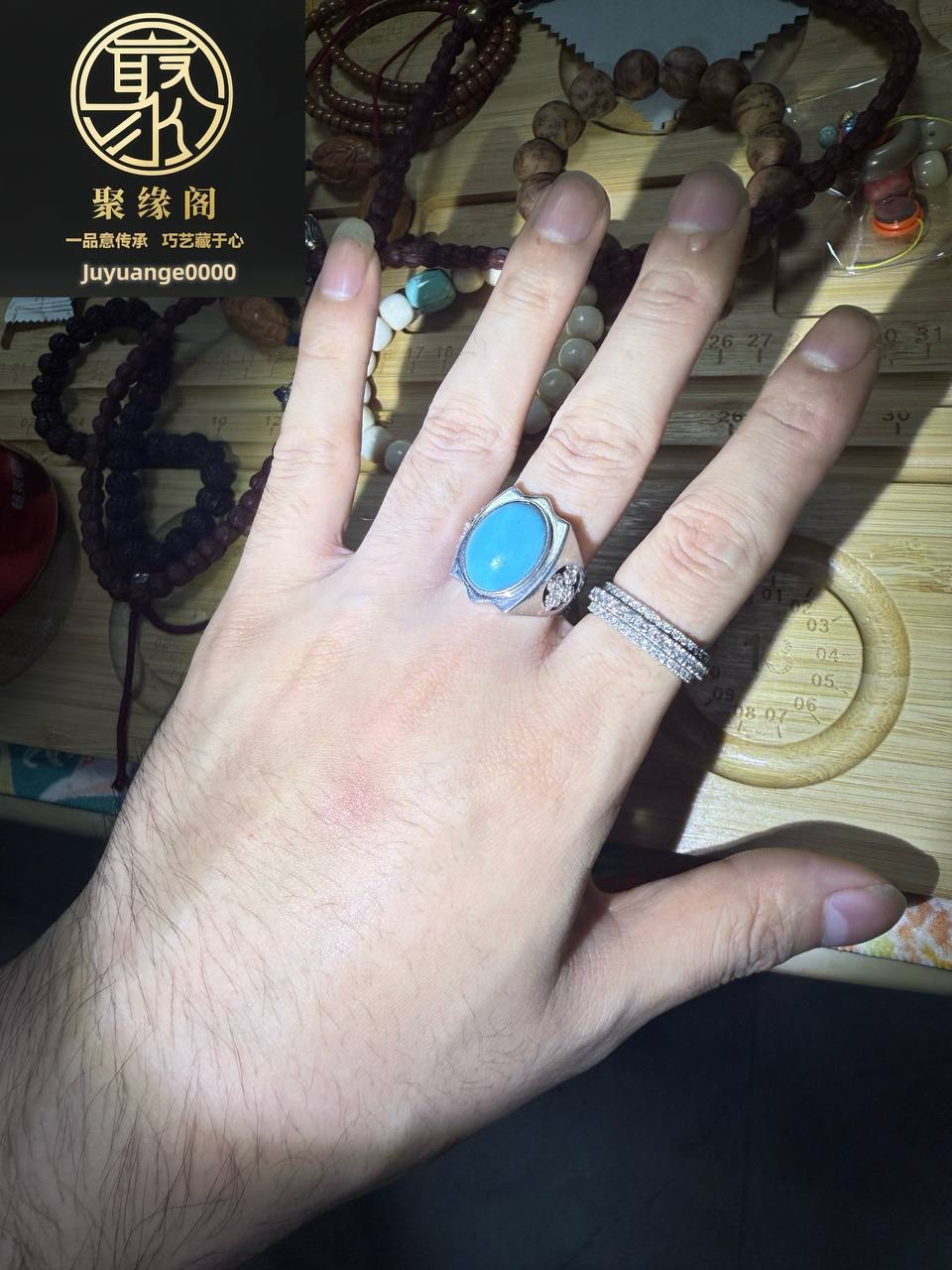 精品原矿绿松石精品纯银男戒一枚