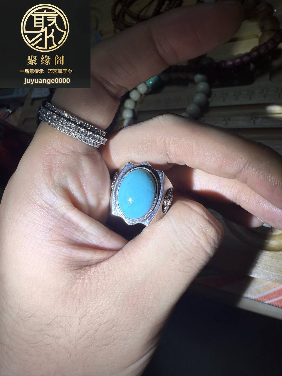 精品原矿绿松石精品纯银男戒一枚